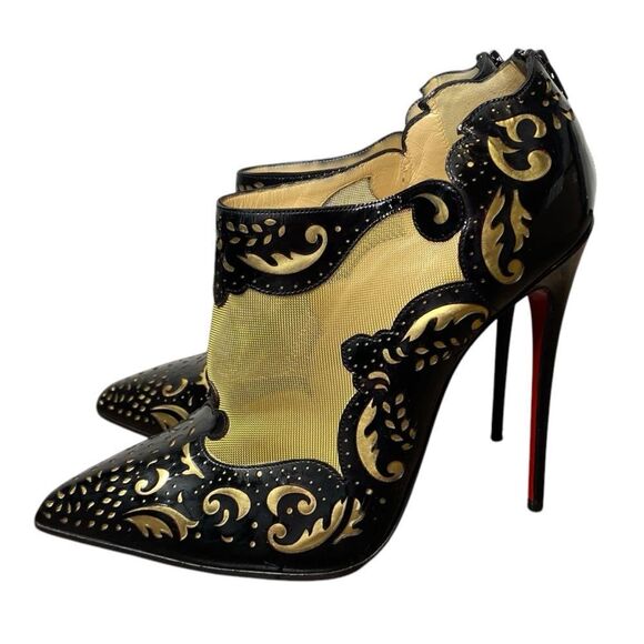 Christian Louboutin Black Patent Mesh Lasercut Mandolina 120 Booties 39.5 - Picture 1 of 10